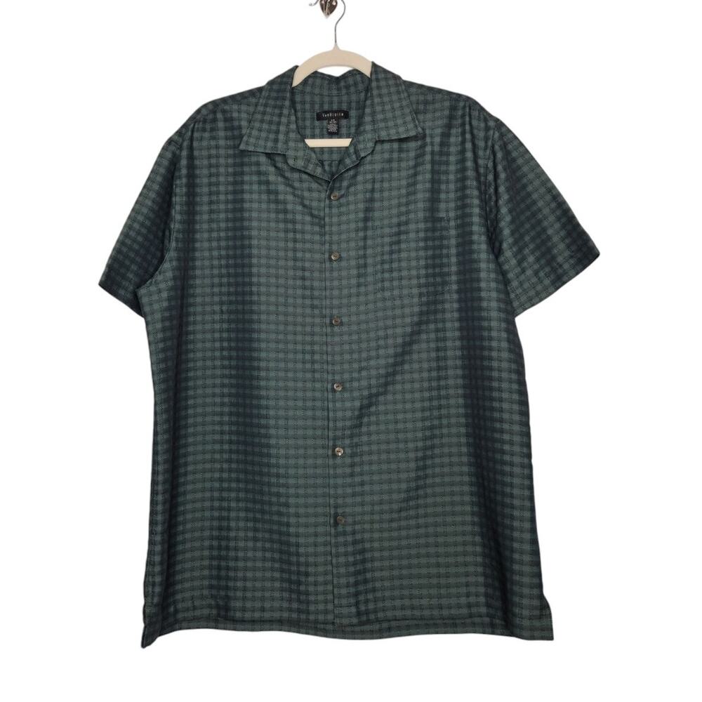 Vintage VanHeusen Button Green Iridescent Almost Plaid All Over Skater Grunge